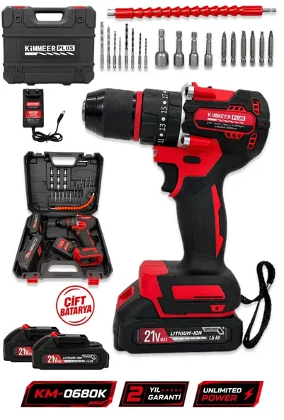 KİMMEER PLUS 21 V 5 PİLLİ ÇİFT AKÜLÜ KÖMÜRSÜZ ÇELİK MANDREN DARBELİ MATKAP